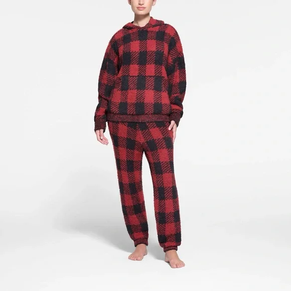 ♥️SKIMS COZY KNIT UNISEX HOODIE BUFFALO CHECK BRICK ONYX 4X/5X - Picture 4 of 8